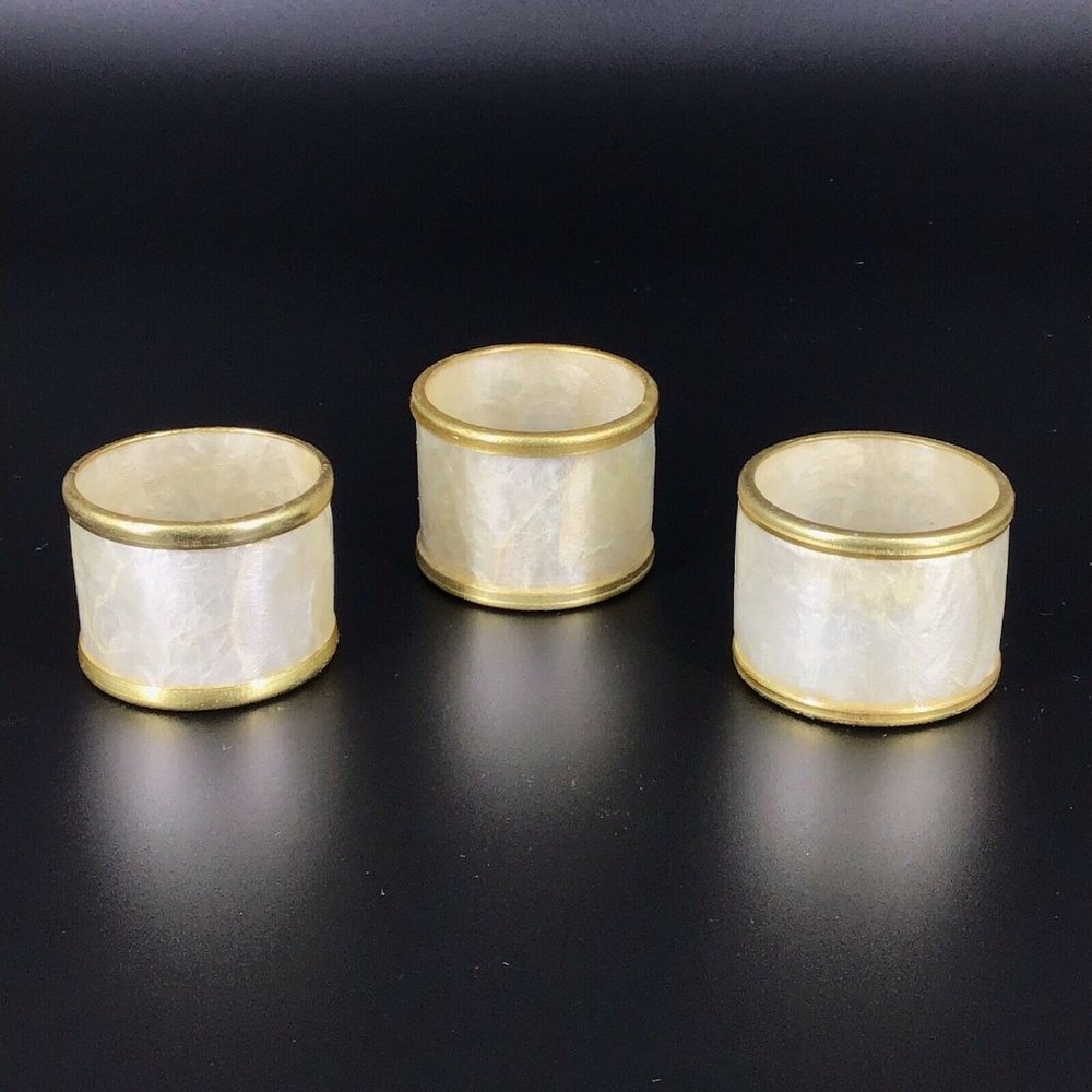 Vintage Lot of 3 Mother of Pearl Wrap Shell Napkin Rings 1 1/2" Gold Color Trim